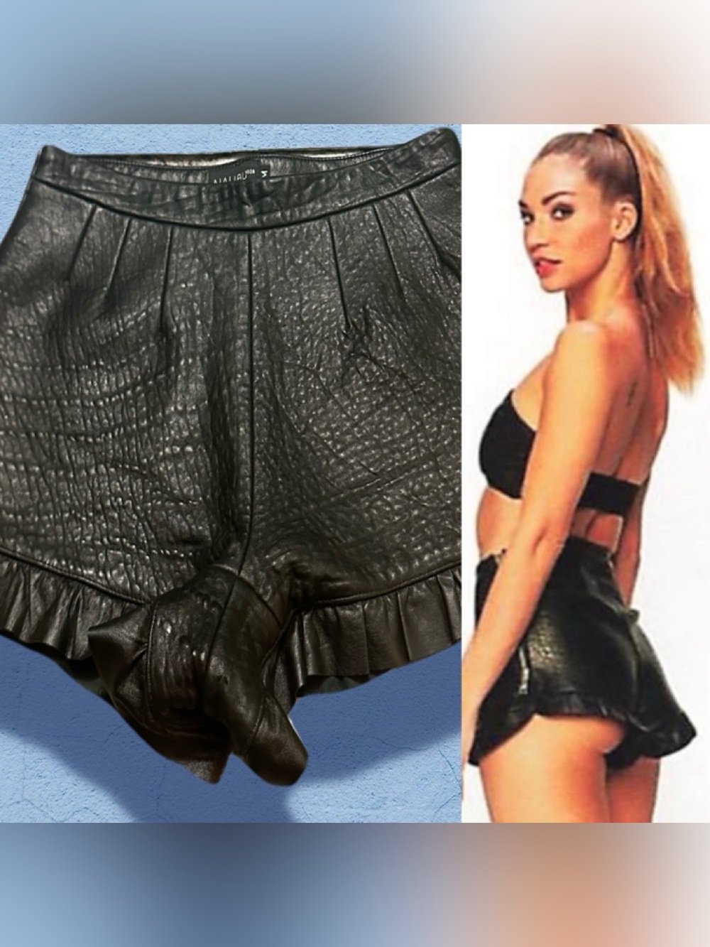 Malibu Merino  Black Natural  Leather Ruffle-Hem Skort M